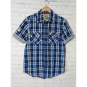 Petrol Industries Shirt Size L Blue Plaid  Short Sleeve Pearl Snap Embroidered